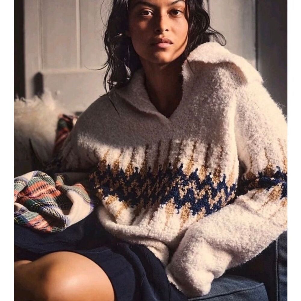 J Crew Sweater Fair Isle Johnny-Collar Boucle Yarn Wool Blend Cream Tan Large - Picture 2 of 10